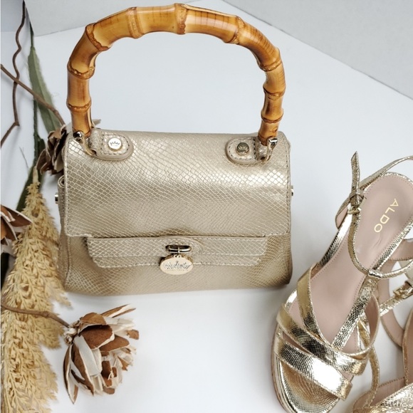 EUC Elaine Turner Champagne Gold snakeskin leather bag with bamboo handle - Picture 2 of 13